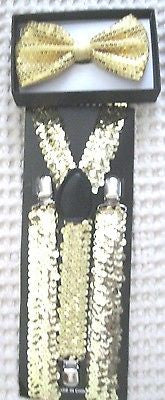 Gold Bronze Sequin Adjustable Bow tie & Gold Yellow Adjustable Suspenders Combo
