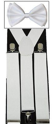 White Wide 1 1/2" Adjustable Suspenders & Black Adjustable Bow Tie COMBO-New!