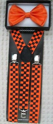 Neon Orange Adjustable Bow tie & Neon Orange Checkered Suspenders Combo-New!V2