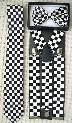 Black&White Checkers Adjustable Bow tie and  Black&White Checkered Necktie-V3