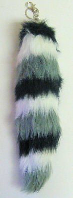 BLACK WHITE GRAY STRIPES FAUX FOX TAIL FOXTAIL KEYCHAIN 12" CLIP-RACOON FOXTAIL