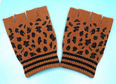 CHEETAH LEOPARD PRINT DARK BROWN FINGERLESS GLOVES KNIT SAFARI ANIMAL-NEW!