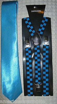 Unisex French Blue Sky blue Bow Tie,Necktie&French Blue/Black Checker Suspenders