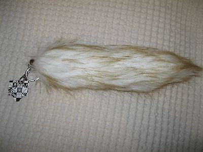 WHITE WITH BLACK STREAKS FUR FOX TAIL FOXTAIL KEYCHAIN 12" CLIP-BRAND NEW!