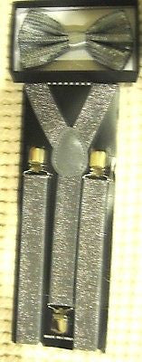 Silver Sequin Adjustable Bow tie & Silver Glittered Adj. Suspenders Combo-New!V4