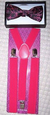 Unisex Hot Pink Guitars Bow Tie + Hot Pink Adjustable Suspenders-New in Package!