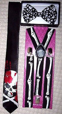 Unisex Small Skulls Adjustable Bow tie & Skeleton Bones Adjustable Suspenders