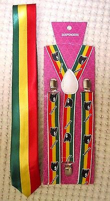 Rasta Stripes NeckTie &  Rasta Stripes with Bob Marley Portraits Suspenders-v2
