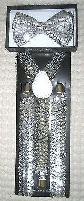 Silver Sequin Adjustable Bow tie & Silver Sequin Adj. Suspenders Combo-New!V1