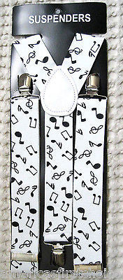 WHITE BLACK MUSICAL NOTES ADJUSTABLE BOW TIE+ ADJUSTABLE MUSIC SUSPENDERS COMBO