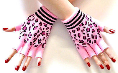 CHEETAH LEOPARD PRINT PINK FINGERLESS GLOVES KNIT SAFARI ANIMAL-GOTHIC-NEW!