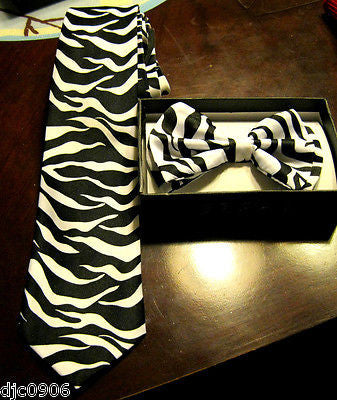 BLACK & WHITE ZEBRA ANIMAL PRINT ADJUSTABLE  BOW TIE+3" WIDE ZEBRA NECKTIE-NEW