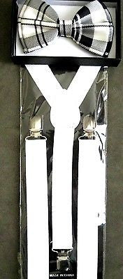Black and White Plaid Adjustable Bowtie & White Adjustable Suspenders Combo-New!