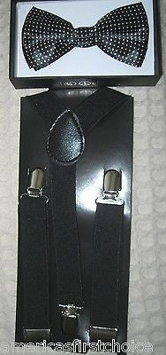 Kids Teens Black/White Polka Dot Bow Tie & Black Adjustable Suspenders Combo-New