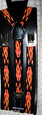 Solid ORANGE Adjustable Bow Tie & ORANGE FLAMES Adjustable Suspenders Combo-New
