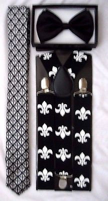 Black Tuxedo Bow Tie & Fleur de lis Design New Orleans Saints Y-Back Suspenders