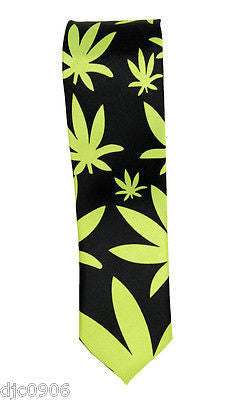 Unisex Black with Neon Green MJ Weed Marijuana Leaves Neck tie 56" L x 2" W-New