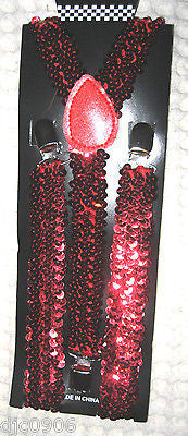 Red Sequin Pre-Tied Neck Tie and Red Sequin Adjustable Suspenders Combo Set-New!