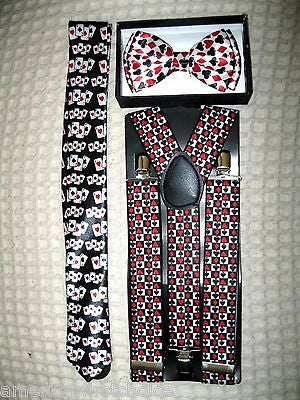 Poker Player Cards 4 Suite Adjustable Necktie and Poker 1 1/2" Suspenders-New!v9