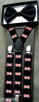 Solid Black Adjustable Bowtie & White Red Bow Ties Adjustable Suspenders Combo