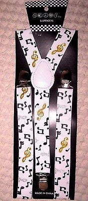 WHITE WITH GOLD,SILVER,&BLACK MUSIC NOTES Adjustable Y-Style Back suspenders-New