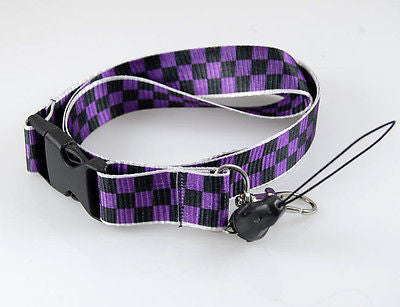 Black & Purple Checkers Checkered Design 15" lanyard for ID Holder Mobile Device