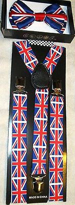 UK British England Red,White,&Blue Adjustable Suspenders & UK Bowtie Bow Tie Set