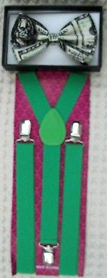 Solid Green Adjustable Bow Tie & Green w/ White 3 Leaf Clovers Adj. Suspenders