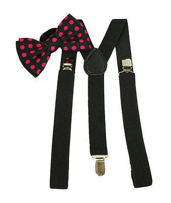 Black Pink Polka Dot Tie and Black Adjustable Y-Back Suspenders Combo Set --New!