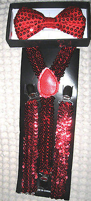 Red Sequin Adjustable Bow tie & Red Sequin Adjustable Suspenders Combo-V2-New!