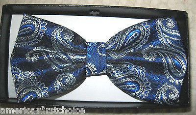 Dark Blue Paisley Pattern Adjustable Bow Tie & Blue Paisley Y-Back Suspenders