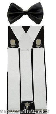 White Wide 1 1/2" Adjustable Suspenders & Black Adjustable Bow Tie COMBO-New!