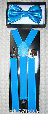 BLUE WITH WHITE ANCHORS TUXEDO BOW TIE+ MATCHING ADJUSTABLE SUSPENDERS COMBO SET