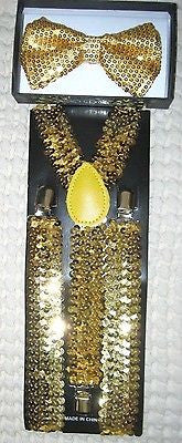 Gold Sequin Adjustable Bow tie & Gold Sequin Adjustable Suspenders Combo-New!V3