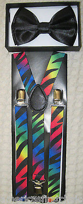 Black Tuxedo Bow Tie & Rainbow Black with Zebra Stripes Suspenders Combo Set-New