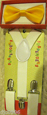 Yellow Kids Boys Girls Y-Style Back Adjustable Bow Tie & White Kid suspenders-