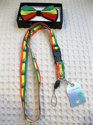 Rasta Stripes Adjustable Bow Tie & Rasta Stripes w/ MJ Marijuana Leaves Lanyard