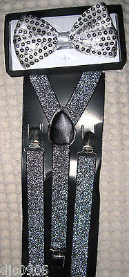 Silver Sequin Adjustable Bow tie & Silver Glittered Adj. Suspenders Combo-New!V4