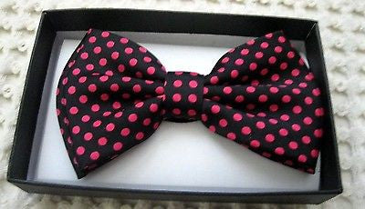 SHINY BLACK WITH PINK POLKA DOTS ADJUSTABLE BOW TIE-NEW!POLKA DOT BOW TIE JT