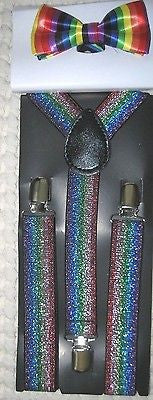 Teens Kids Rainbow Adjustable Bow Tie & Rainbow Glitter Suspenders Combo-New!v2