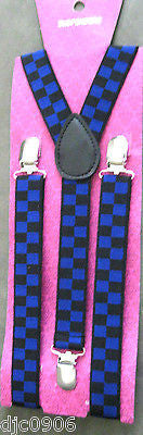 Navy Blue Adjustable Bow tie & Navy Blue Black Checkered Suspenders Combo-New!