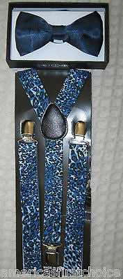Blue Adjustable Bow tie&Blue Leopard Cheetah Adjustable Suspenders Combo-New