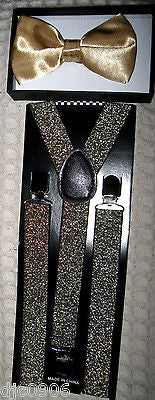 Shiny Dark Green Adjustable Bow Tie & Tan Beige Adjustable Suspenders Set-New!