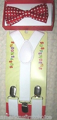 Kids Boys Girls Y-Back White Adjustable Suspenders &Black/White Checkers Bow Tie