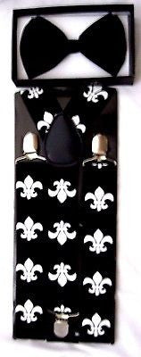 White Tuxedo Bow Tie & Fleur de lis Design New Orleans Saints Y-Back Suspenders