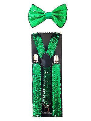 Green Sequin Adjustable Bow Tie&Green Sequin Y-Back Adjustable Suspenders Combo