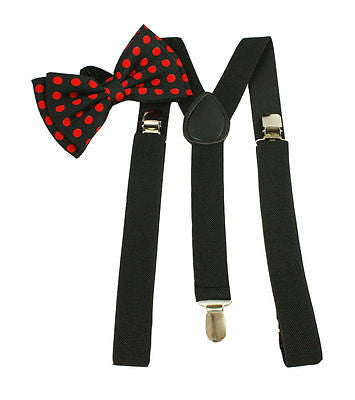Black Red Polka Dot Tie and Black Adjustable Suspenders Combo Y-Back Set --New!