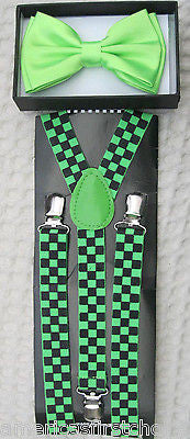 Neon Green Texedo Bow Tie & Green Checkers Adjustable Suspenders Combo-New