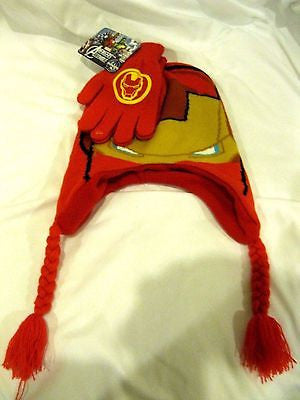 Marvel Avengers Iron Man Beanie Laplander Hat & Finger Gloves 2pc Set-Brand New!