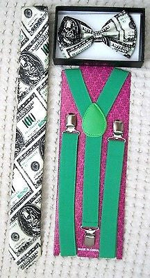 Benjamins Money 100 Dollar Bill Adjustable Bow Tie,Necktie, & Green Suspenders